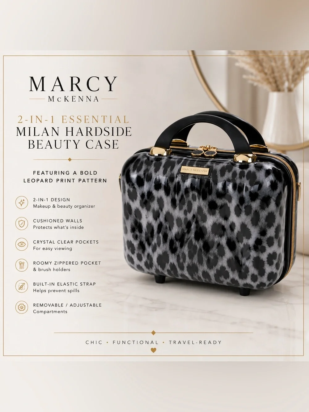 Marcy McKenna 2-in-1 Essential Milan Hardside Beauty Case Leopard NWOT